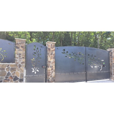 Porți metalice batante din 2 bucăți debitate laser cu model personalizat cu frunze cod 026