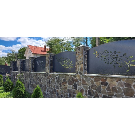 Porți metalice batante din 2 bucăți debitate laser cu model personalizat cu frunze cod 026