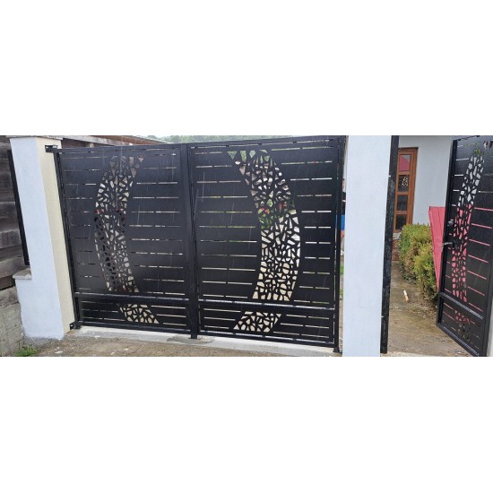 Porți metalice batante din 2 bucăți debitate laser cu model abstract personalizat cod 028