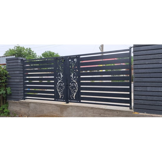 Porți metalice batante din 2 bucăți debitate laser cu model personalizat cu flori abstracte  cod 030