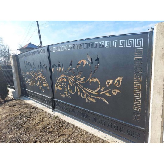 Porți metalice batante din 2 bucăți debitate laser cu model floral cod 043
