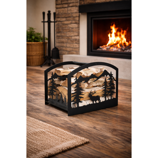suport lemne de foc metalic decorativ cu munți și cerb