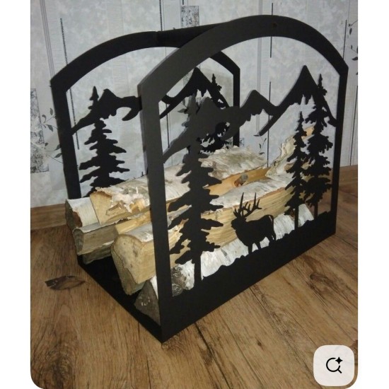 suport lemne de foc metalic decorativ cu munți și cerb
